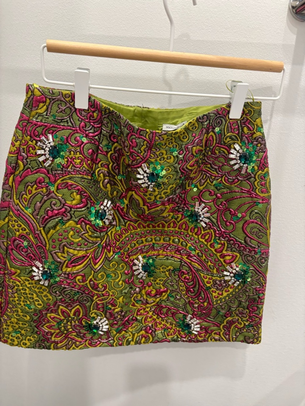 Embellished Paisley Mini Skirt in Chartreuse and Fuchsia - Designer